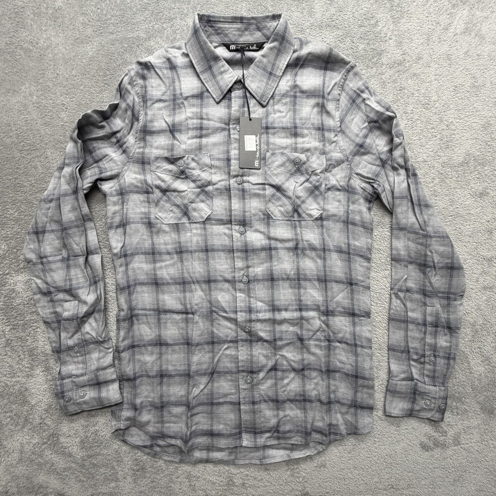 Travis Mathew Shirt Mens S Gray Plaid Button Up Long Sleeve Casual Lightweight